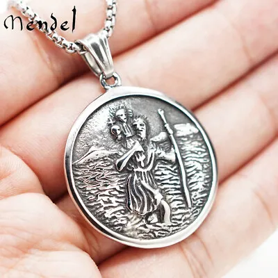 MENDEL Mens St Saint Christopher Medal Pendant Necklace Stainless Steel Amulet • $10.99