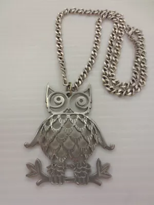 Vintage Silvertone Cutwork Design Owl Large Pendant Necklace • $8.99