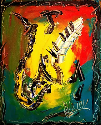 MARK KAZAV  - JAZZ SAX ORIGINAL OIL Painting  Stretched   IMPRESSIONIST HRUOERTH • $57.77