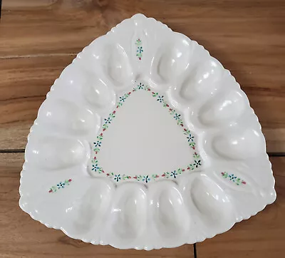 White Vintage 70's Deviled Egg Triangle Platter Plate Blue Floral Center Unique • $10.20