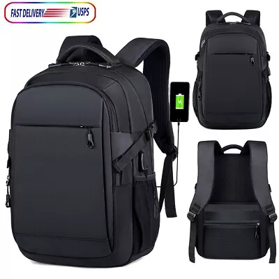 Black Laptop Nylon Backpack Sports Travel Fashion BookBag With USB Charging Port • $34.99