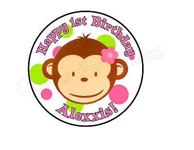 Pink Girl Mod Monkey Edible Round Cake Image Topper Decoration • $9.95