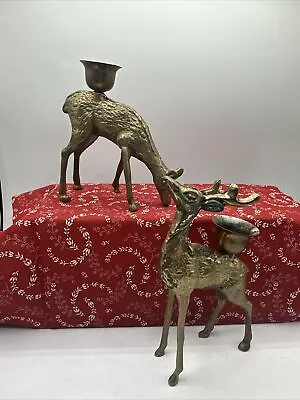 Pair Of Vintage Brass Candle Holders Standing Deer Feeding Deer • $18.95