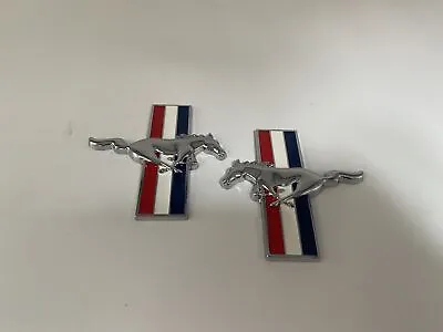 2X Gloss Silver Flag Style Running Horse Emblem Side Fender Badge For Mustang GT • $18.98