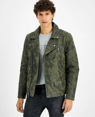 Guess Men's Faux-Leather Asymmetrical Moto Jacket Green Camo Small NWT • $51.97