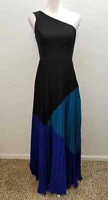 Aidan Mattox Size 4 Black Blue Colorblock One Shoulder Evening Gown • $41.95