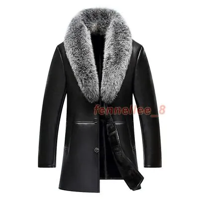 Men Fur Coat Fox Fur Collar Thickened Mid-length Sheepskin Genuine Leather Coat • $150.93