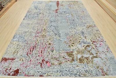 Modern Fine Abstract 9’1” X 12’2” Grey Wool/Viscose Hand-Knotted Oriental Rug • $4398.75