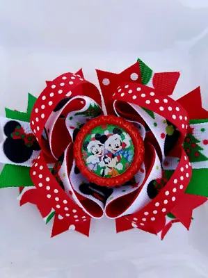 Minnie And Mickey Mouse Disney Christmas Red Green White Bottle Cap Hair Bow 5  • $4.95