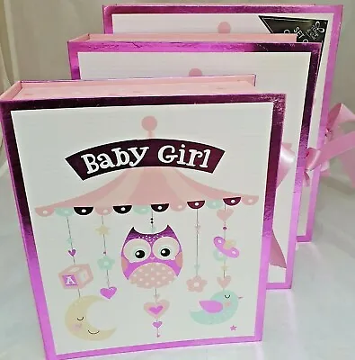 £13.99 • Buy 3 Nested Set Baby Girl Gift Boxes Keepsake Box Pink Owl Shower Ribbon Tie  
