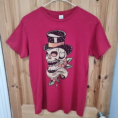 Don Ed Hardy By Audigier Skull Top Hat Rhinestones Tee T-Shirt Mens M Medium Red • £25