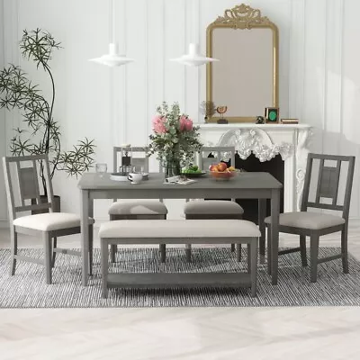 6 Piece Retro Dining Set Minimalist Dining Table And 4 Upholstered Chair + Bench • $781.66