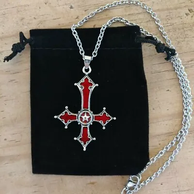 Blood Red Inverted Cross Wiccan Gothic Witchy Pendant Necklace Jewellery Gift • £8.99