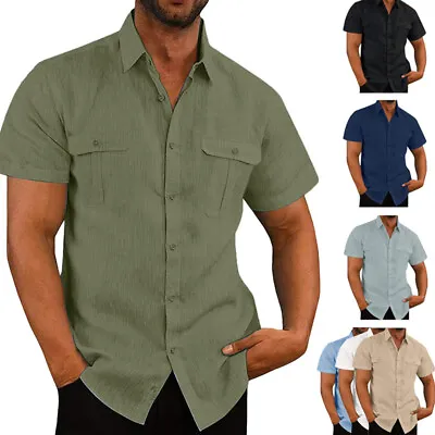 Mens Solid Lapel Shirt Button-down Short Sleeve Dress Loose Solid Blouse Tops • £11.99
