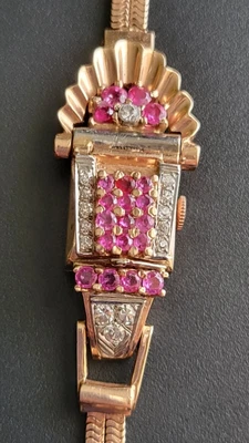 $1999 • Buy Vintage BULOVA Art Deco 14K Rose Gold Diamond Ruby Ladies Cocktail Watch