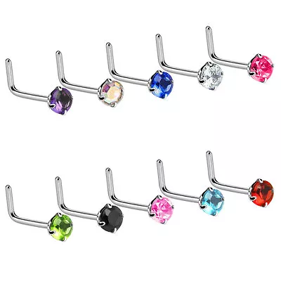 (2pc) 20g (0.8mm)  L  Bend Nose Stud Ring (2mm) PRONG Set CZ Gem Surgical Steel • $4.99