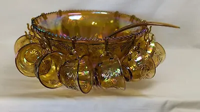 Vintage Carnival Glass Punch Bowl Marigold Grapevine 12 Cups Hooks & Ladle • $160