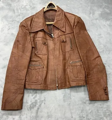 Vintage 1970s Mens Brown Patchwork Leather Jacket Urban Hipster Retro • $149