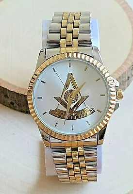  Masonic Mason Watch Wristwatch Two Tone Freemason Square & Compass PAST MASTER • $28.75