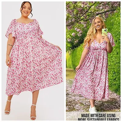 New Stacey Solomon Plus Size 18 Ditsy Print Floral Flutter Sleeve Midi Tea Dress • £17.50