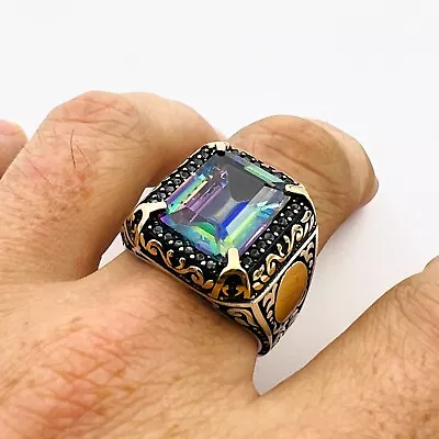 Mens Authentic Design Colorful Mystic Topaz Handmade 925 Silver Ring Round Motif • $51