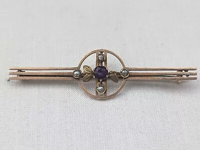 Antique Edwardian 9ct Gold Seed Pearl And Amethyst Brooch. 3.4 Grams. • £100