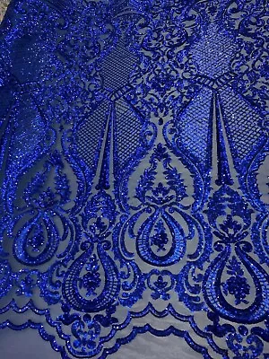 By Yard/ 4 Way Stretch Sequins Fabric/Embroidered Mesh Lace Geometric/Royal Blue • $29.99