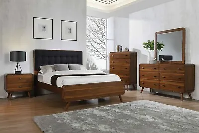 4 Pc Mid Century Walnut Leatherette King Bed Ns Dresser Bedroom Furniture Set • $1699