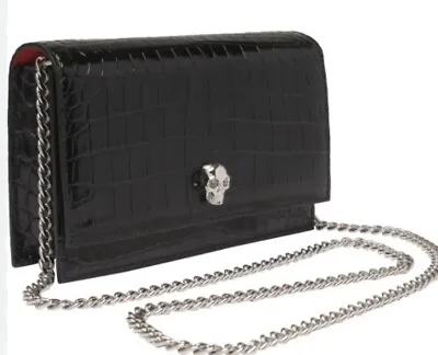 $1290 New Alexander Mcqueen Black Leather Skull Croc Chain Bag Purse Nwt Box • $745