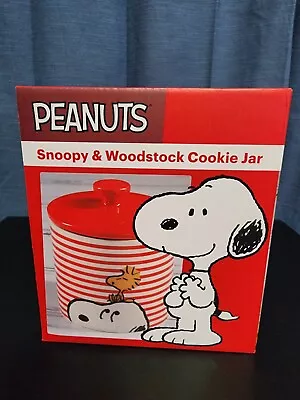 Peanuts Snoopy & Woodstock Cookie Jar Red And White Striped Durastone New In Box • $49.99