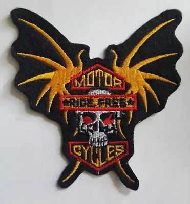 Winged Skull Biker Patch MOTORCYCLES RIDE FREE Iron On Embroidered 3 7/8 X 3 7/8 • $3.95