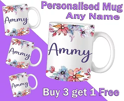 Personalised Floral Mug With Name Gift For Mum Dad Kids /Girls Tea Coffee Mug • £5.89