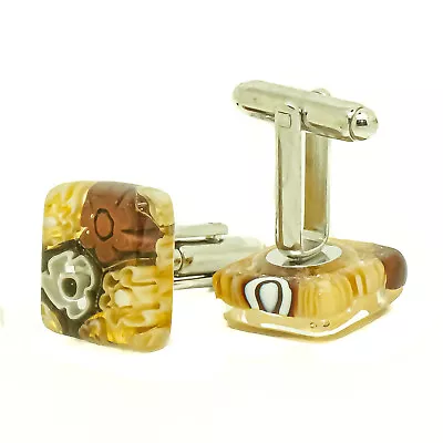 Murano Glass Cufflinks Brown Black And White Millefiori Venice Square Wedding • £15.95