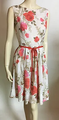 1960s Vintage Nylon Red Pink Flower Roses Fitted Top Full Skirt Day Dress S M • $35
