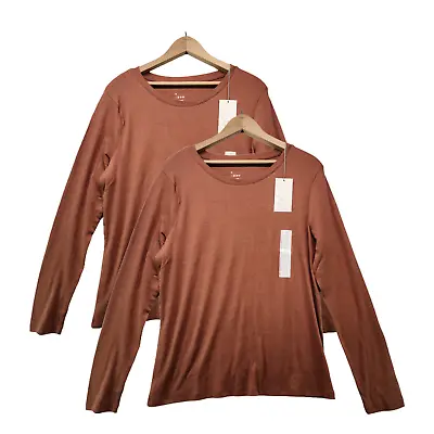 Womens Long Sleeve T Shirt Solid Stretch Top Ribbed Knit Brown 2 Pack XXL 2XL • $18.03