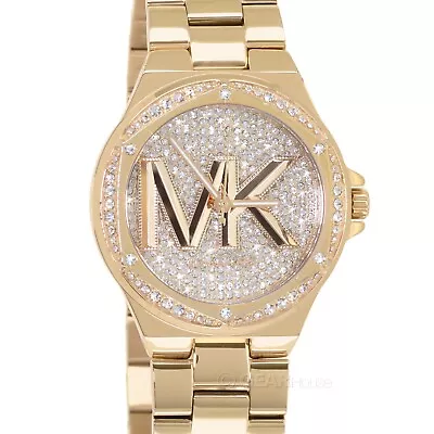 Michael Kors Lennox Womens Glitz Watch Pave Crystal MK Logo Dial Gold Steel Band • $104.80