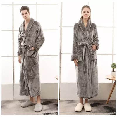 Mens Womens Fleece Waffle Long Grey Robe Luxury Lightweight Dressing Gown Warm • £26.65
