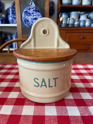 Antique Cream And Green Enamelware Salt Box With Original Wood Lid • $115