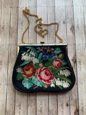 Vintage Floral Needlepoint Clutch Purse Mother Of Pearl Trim • $50