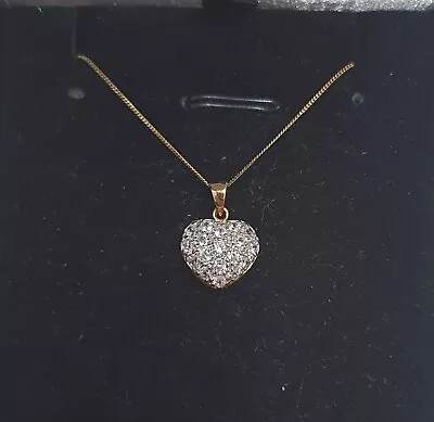 9ct 375 Yellow Gold CZ Pave Heart Pendant Necklace • £55