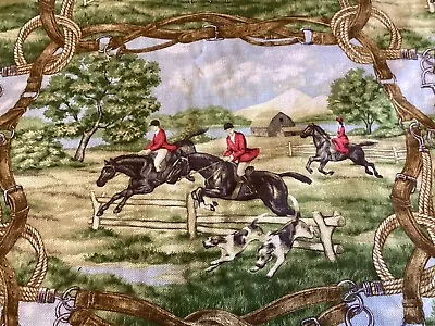 5+Yards Vintage Kaufmann Barkcloth Cotton Fabric Fox Hunting Horse Hound Meadow • $19.99