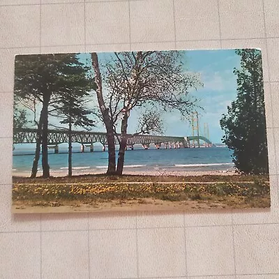 Vintage The Mackinac Bridge Longest Suspension Michigan Postcard Photo Souvenir • $3