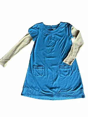 EUC Mini Boden Girls 9-10 Teal Dress Striped Sleeves • $11.99