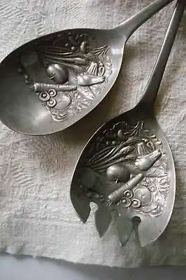 Vintage EPNS ENGLAND Serving Spoon & Fork W/Veggies Embossed Design • $13.01