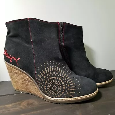 £57.43 • Buy Desigual Booties Ankle Boots Wedge Heel Black Suede Leather Red Stitching 41