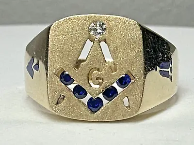 Vintage Masonic Freemason 10k Yellow Gold Brushed Diamond Sapphire Ring Sz 10.5 • $569