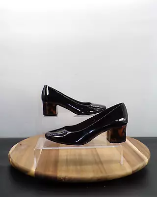 Marks And Spencer Women Court Shoes UK 3 Black Patent Leather Block Heel Slip On • £24.99