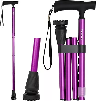 Adjustable Lightweight Folding Walking Stick Easy Fold Collapsible Cane Purple • £13.49
