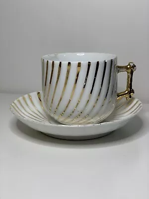 Vintage Antique MUSTACHE CUP And Saucer Luster  & Gold Strips Mug Bamboo Handle • $100