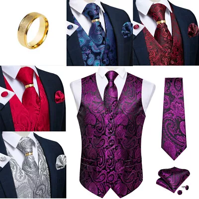 Mens Royal Purple Paisley Waistcoat Silk Floral Woven Vest Tie Set With Gold Rin • $26.99